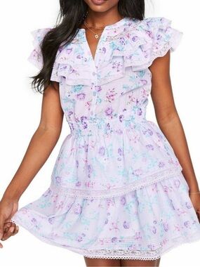 LoveShackFancy Lavender Floral Ruffle Mini Dress with Lace Trim